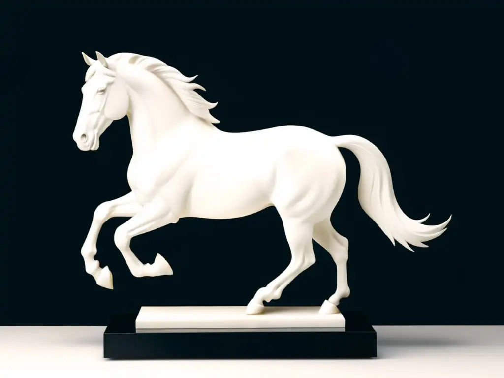 Escultura blanca de caballo en mármol, simboliza energía y éxito en Feng Shui