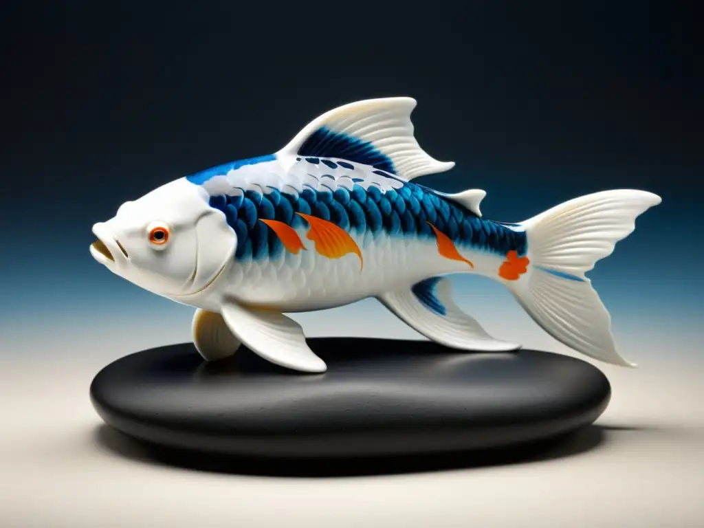 Escultura de Koi en porcelana blanca, con detalles azules y naranjas