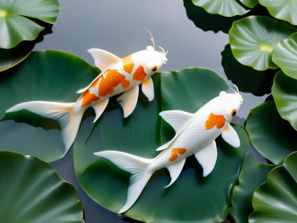 Escultura de mármol blanco de dos koi nadando en un estanque sereno, transmitiendo armonía y belleza