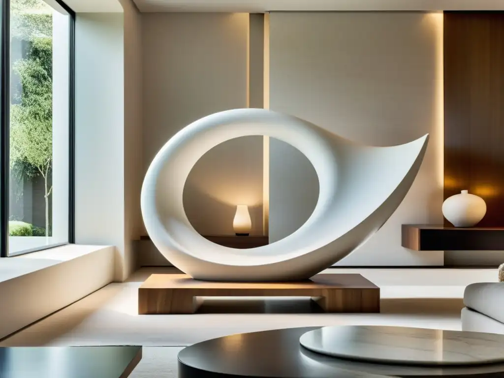 Una escultura de mármol blanco en un salón zen