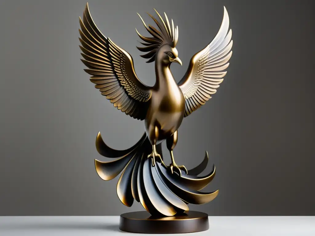 Escultura de Fénix en bronce, majestuosa y elegante, simbolizando renovación y fuerza