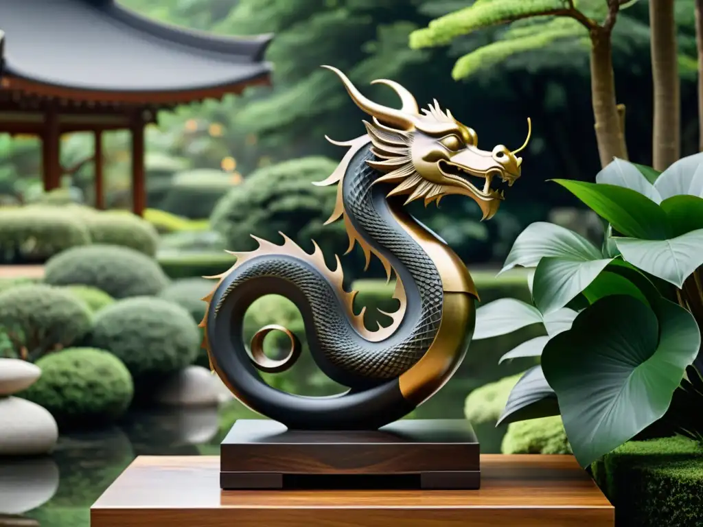 Escultura de dragón en bronce con jardín zen, evocando poder y armonía en el Feng Shui