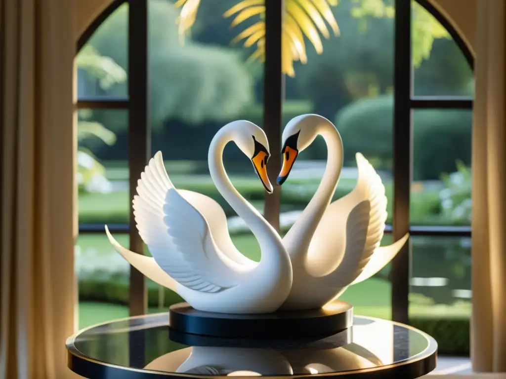 Escultura de dos cisnes entrelazados en mármol blanco, sobre pedestal negro en habitación iluminada por el sol con vista a un jardín tranquilo