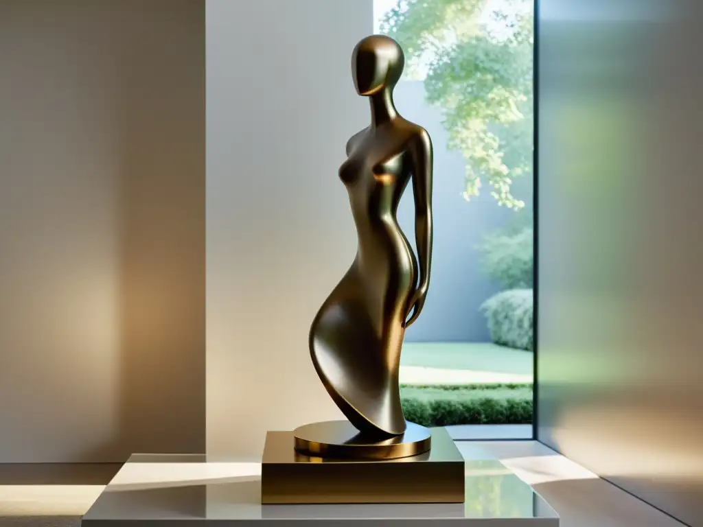 Escultura en Feng Shui: una figura abstracta de bronce pulido destaca en un espacio sereno, iluminada por luz natural suave