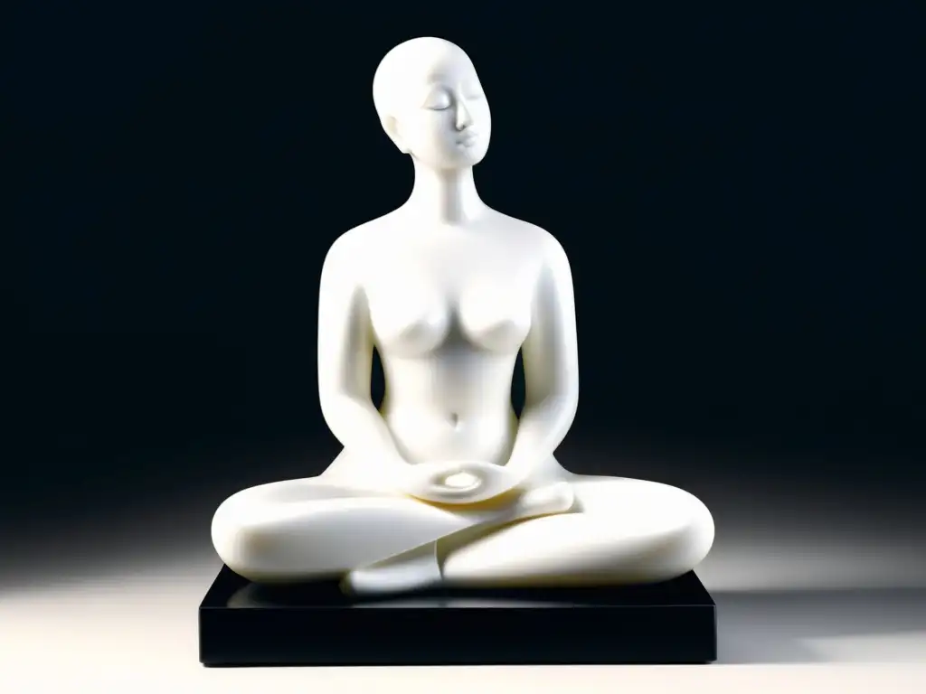 Escultura en Feng Shui: Una figura de mármol blanco en meditación, transmite calma y armonía en un pedestal negro