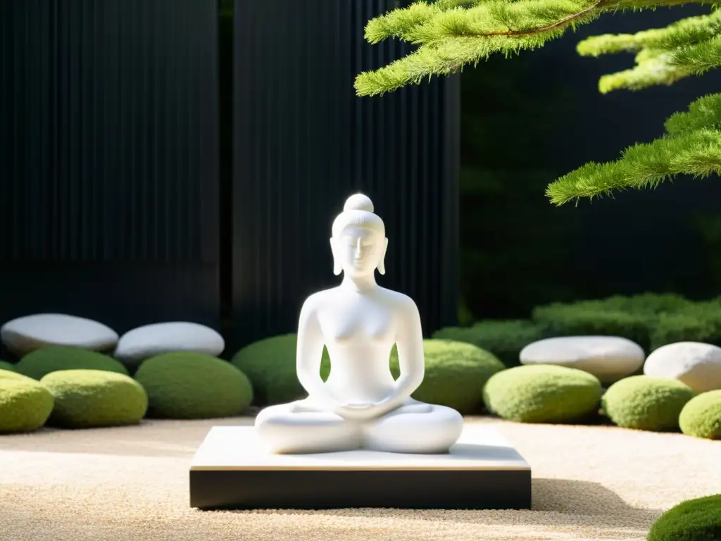 Escultura en Feng Shui: Figura meditativa de mármol blanco en jardín japonés, transmitiendo calma y equilibrio bajo la luz del sol