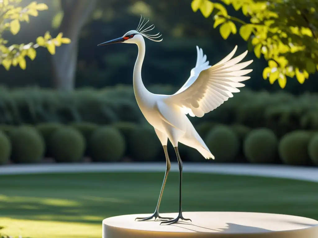 Escultura de grulla en mármol blanco, transmitiendo equilibrio energético con su elegante presencia en un jardín sereno