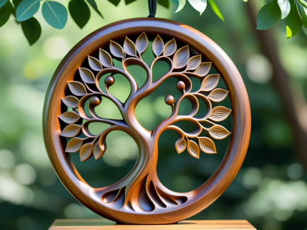 Sculptura de árbol de madera: belleza orgánica y elegancia atemporal Escultura de madera detallada con forma de árbol en la luz filtrada del bosque