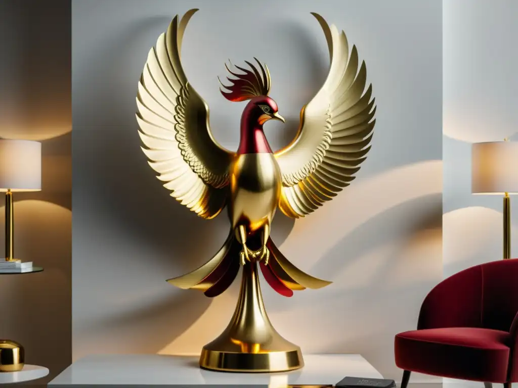 Escultura majestuosa de Fénix en hogar minimalista, emitiendo fuerza y elegancia bajo luz cálida