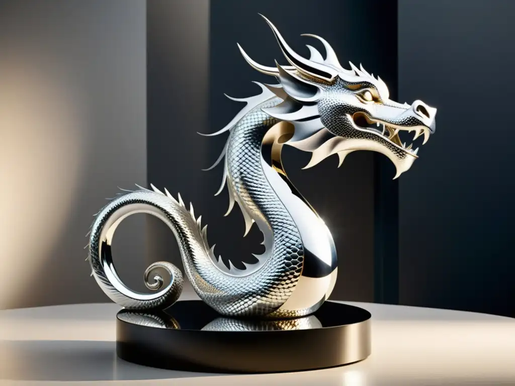 Escultura dragón Feng Shui: majestuoso dragón plateado reposa en pedestal negro, irradiando elegancia y misterio en diseño moderno