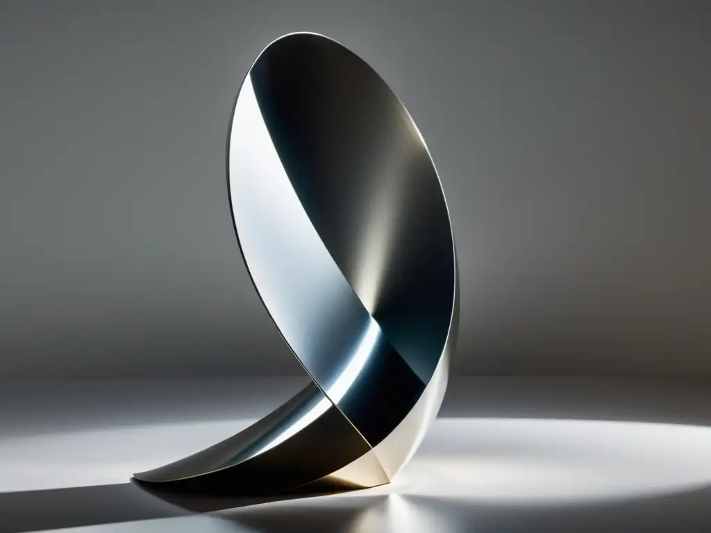 Una escultura de metal minimalista, con líneas limpias y formas geométricas, refleja la luz en una superficie blanca