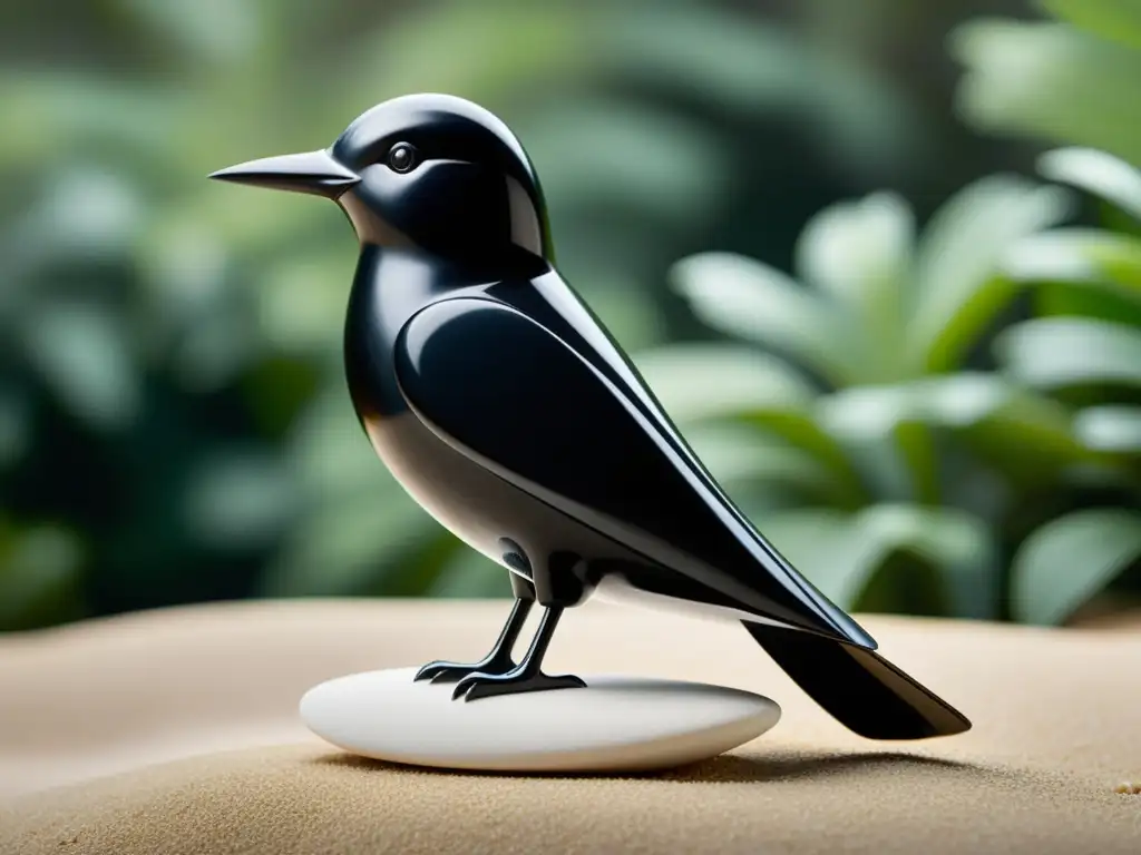 Escultura minimalista de ave en ónix negro pulido sobre arena blanca y piedras de río