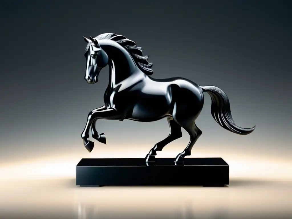 Escultura minimalista de caballo en mármol negro y cristal claro, simbolizando el significado del caballo en el Feng Shui con elegancia y dinamismo