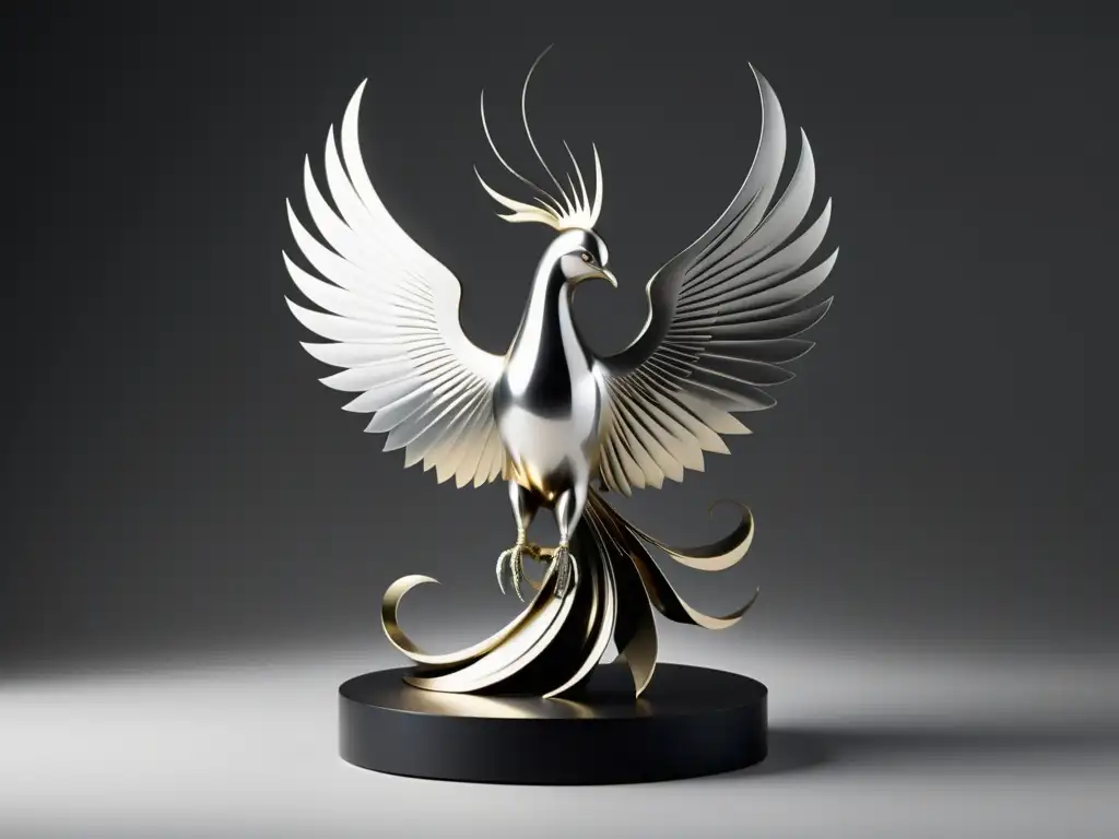 Una escultura minimalista de un fénix surge de las cenizas en elegante metal plateado, simbolizando renovación y fuerza