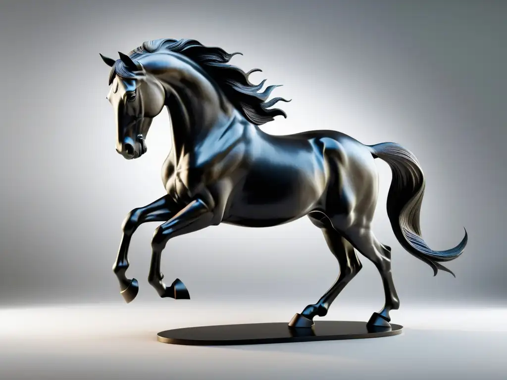 Escultura negra de caballo con diseño minimalista, elegancia y dinamismo