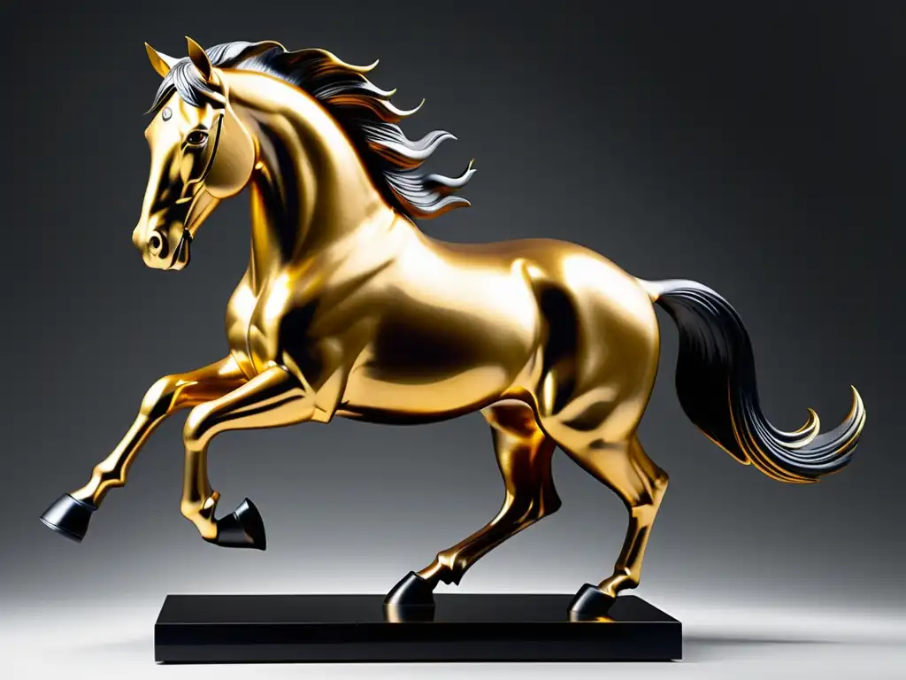 Escultura negra y dorada de un caballo galopante, emanando poder y elegancia, significado caballo feng shui