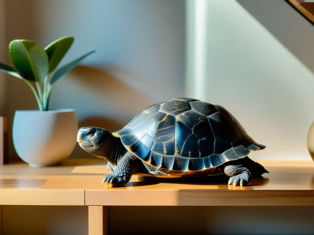 Escultura de tortuga de piedra negra en rincón armonioso de sala, simbolizando protección y calma en el hogar según el Feng Shui