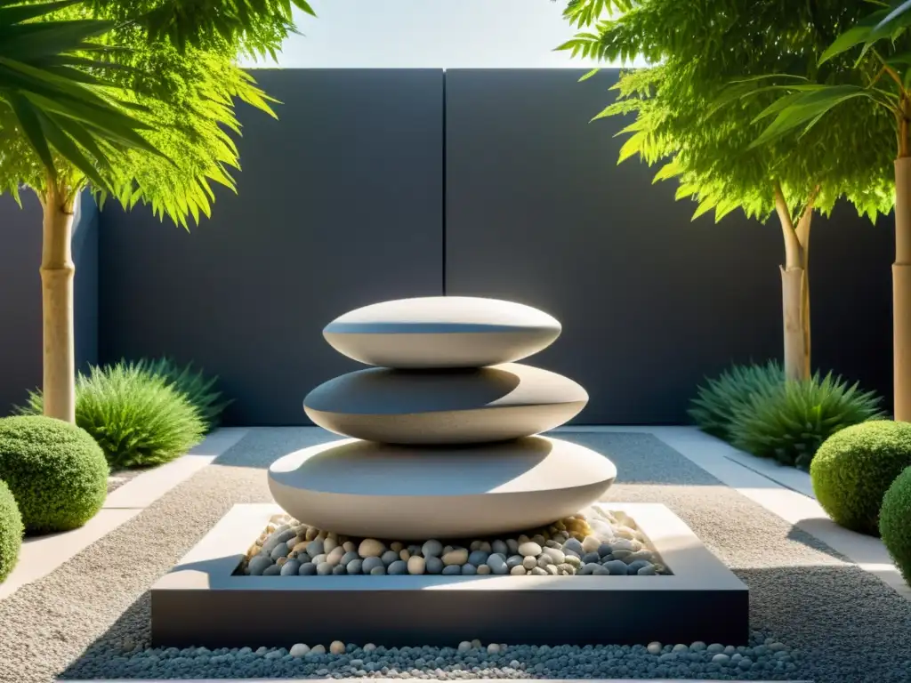 Escultura de piedra serena rodeada de piedras y plantas, con luz solar suave