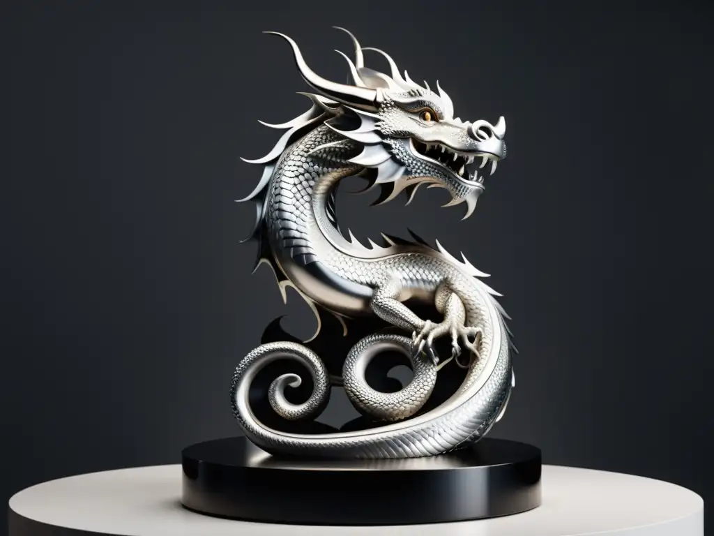 Una escultura de dragón plateado en un pedestal negro destaca en un fondo blanco, evocando el significado de la escultura dragón Feng Shui