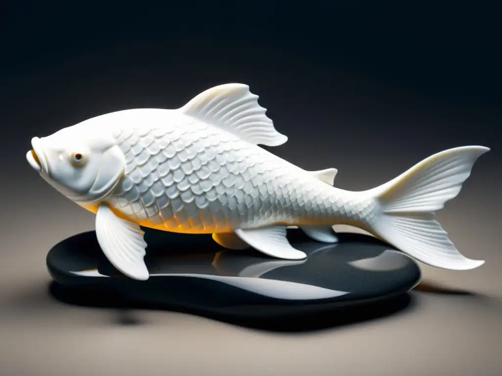 Una escultura de Koi en porcelana blanca reposa sobre piedras negras, creando armonía y serenidad en el hogar