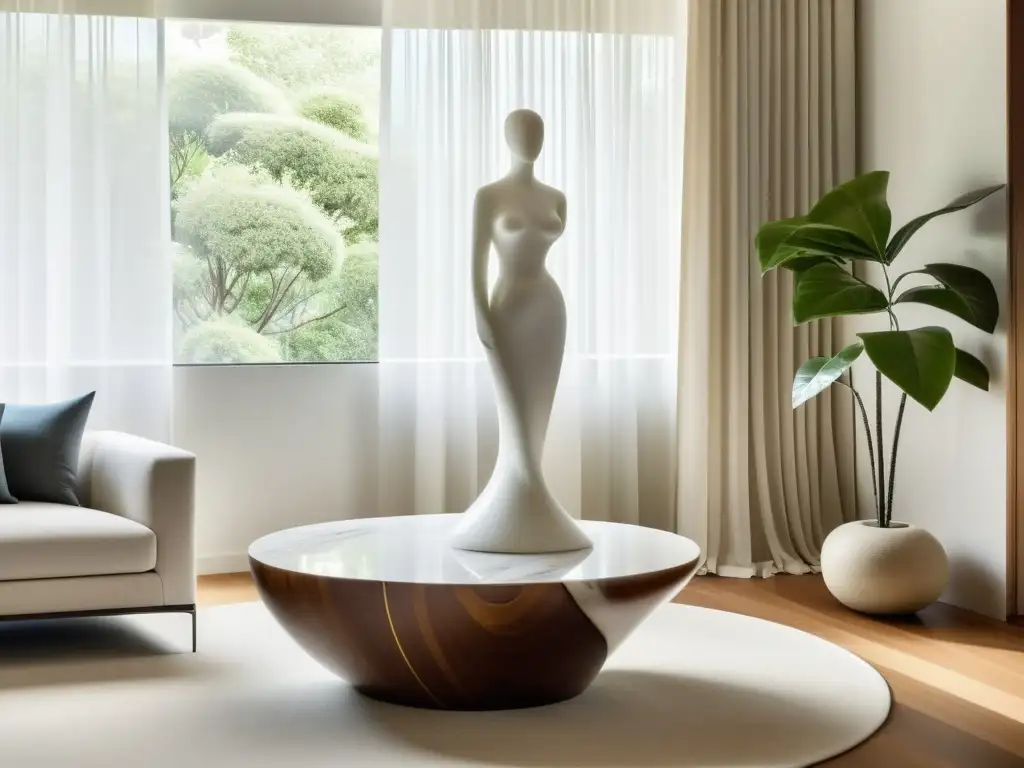 Una escultura en Feng Shui en un salón minimalista y sereno, acentuada por suaves cortinas y luz natural difusa