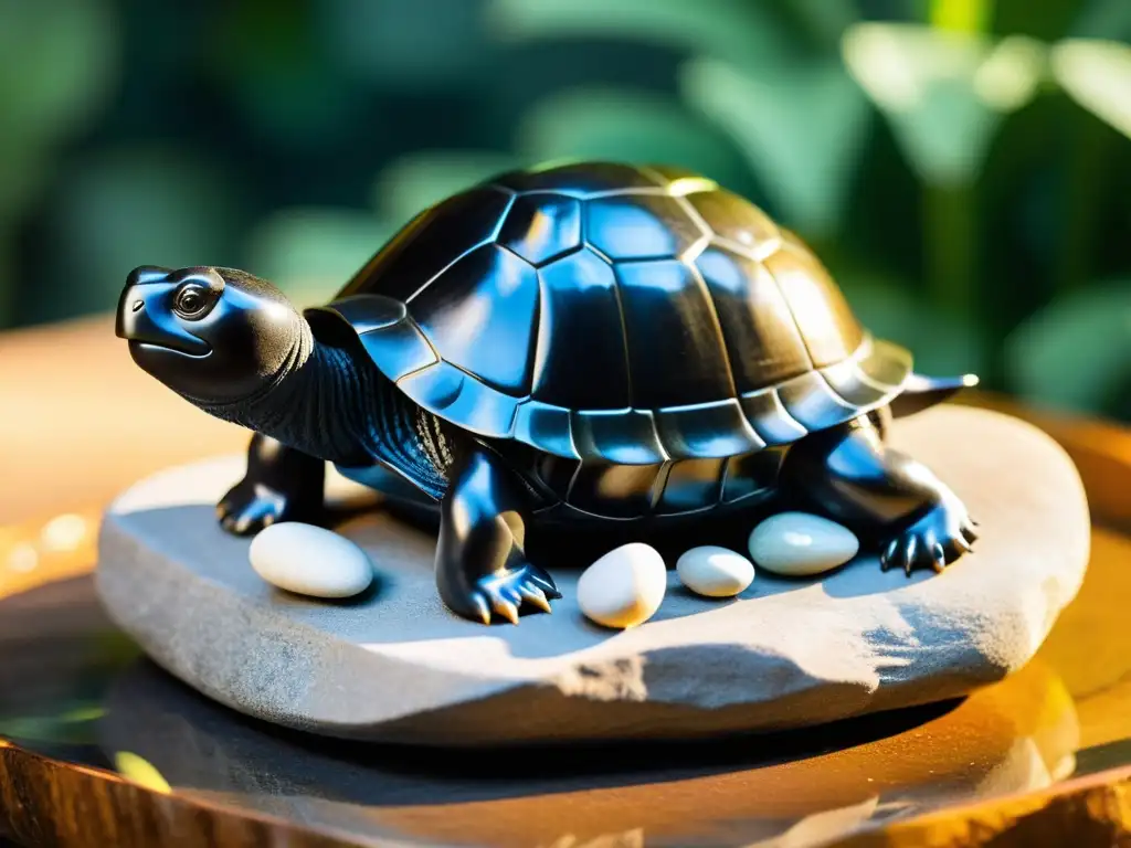 Una escultura de tortuga negra de obsidiana descansa en una fuente interior tranquila, rodeada de rocas suaves