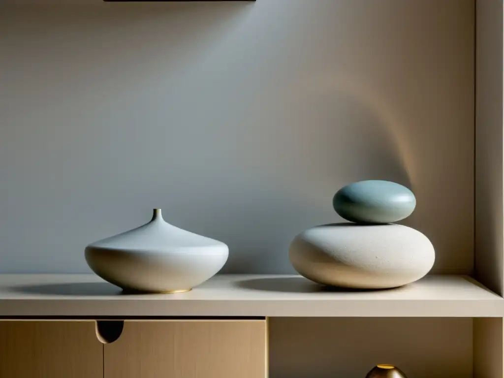 Esculturas en Feng Shui: Imagen serena de sala minimalista con escultura de piedra en estante limpio y equilibrado, bañada en luz natural