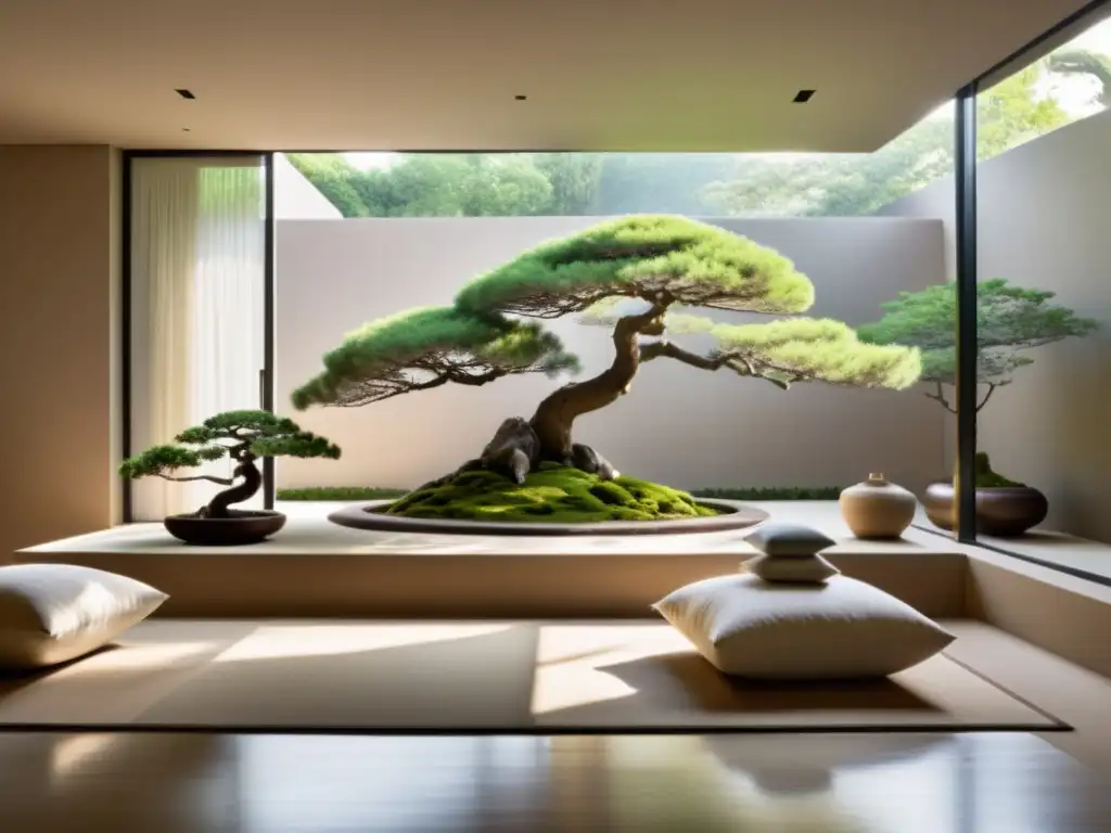 Espacio para meditación en pareja feng shui con ambiente sereno y minimalista, rodeado de naturaleza