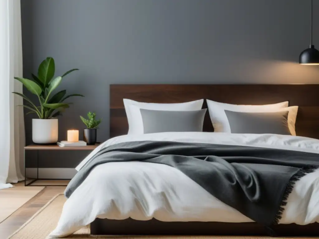 Espacio armónico con feng shui: cama deshecha, sábanas blancas, luz natural y toque de naturaleza en mesa de noche