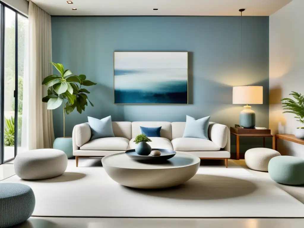 Espacio multiuso Feng Shui con armoniosa distribución de muebles y decoración, paleta calmante y jardín interior tranquilo