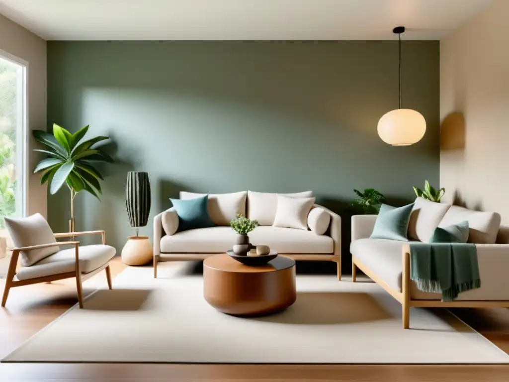 Espacio armonioso con Feng Shui adaptado para envejecimiento, mobiliario minimalista, iluminación natural y plantas