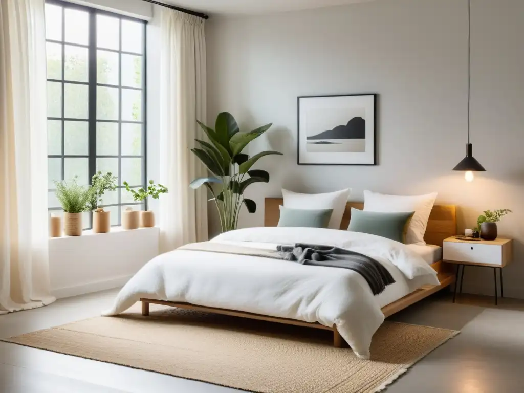 Espacio armonioso para el amor y la conexión, con feng shui, en una serena habitación con cama deshecha y decoración minimalista