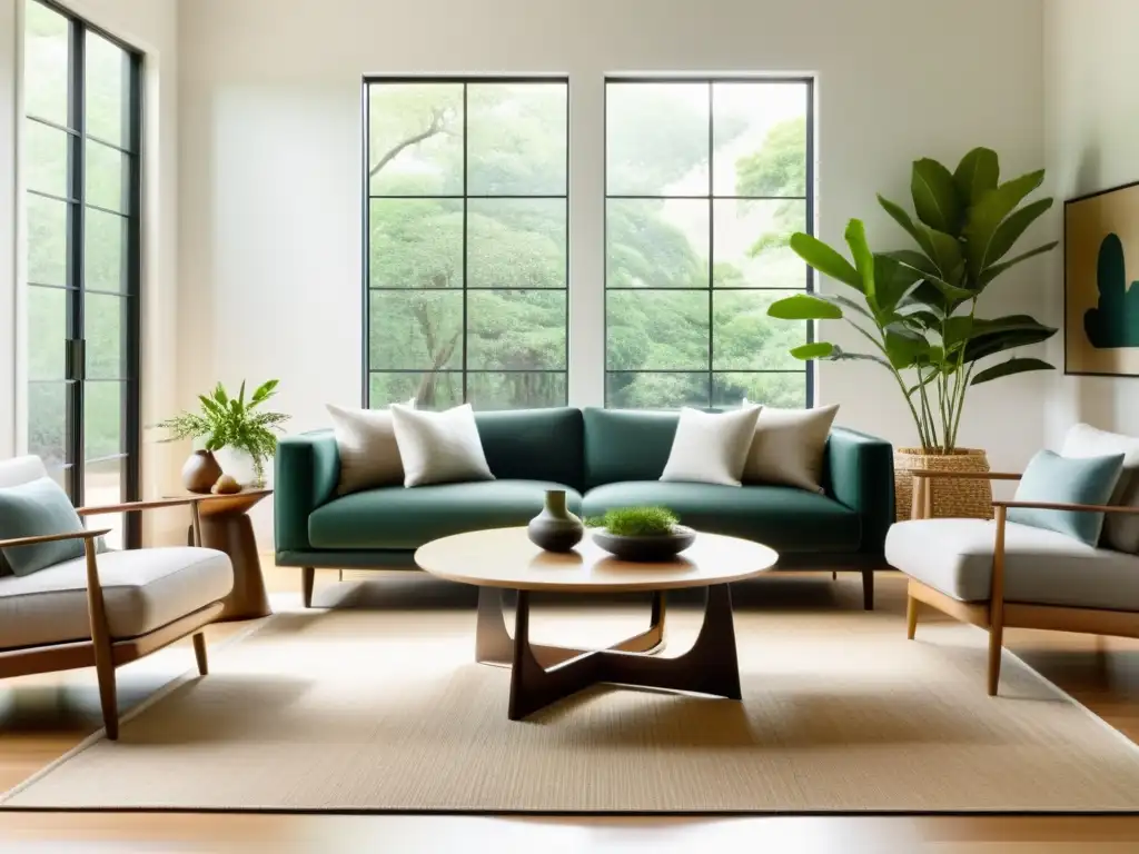 Salón minimalista ecofriendly con armonía y Feng Shui Espacio armonioso con diseño ecoamigable y Principios Feng Shui hogar ecoamigable