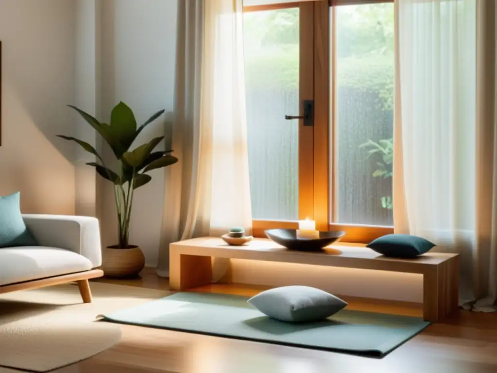 Espacio armonioso con elementos Feng Shui y aromaterapia hogar, rincón de meditación con fuente y aceites esenciales