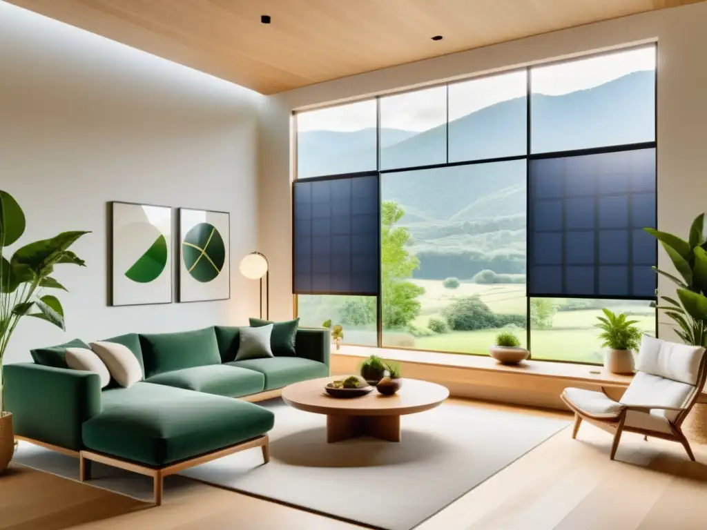 Espacio armonioso integrando energía renovable con Feng Shui en sala minimalista