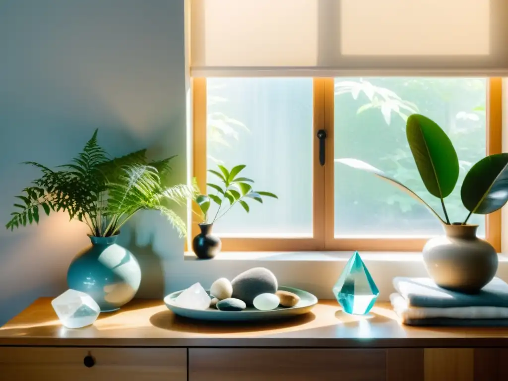 Un espacio armonioso y equilibrado con objetos personales cuidadosamente dispuestos, siguiendo principios de Feng Shui para limpiar energía