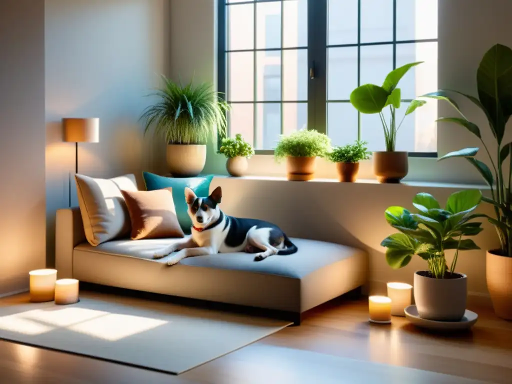 Un espacio armonioso y luminoso, con cama para mascotas y plantas