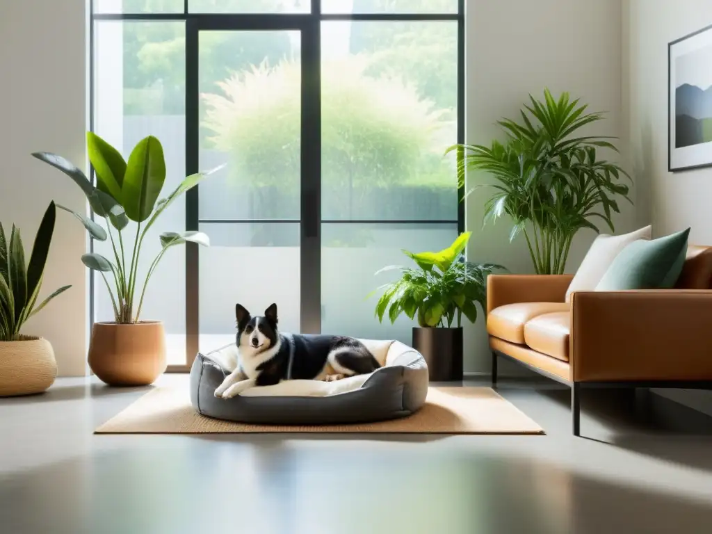 Un espacio armonioso para mascotas felices, con plantas, luz natural y camas cómodas, evocando el Feng Shui para mascotas felices