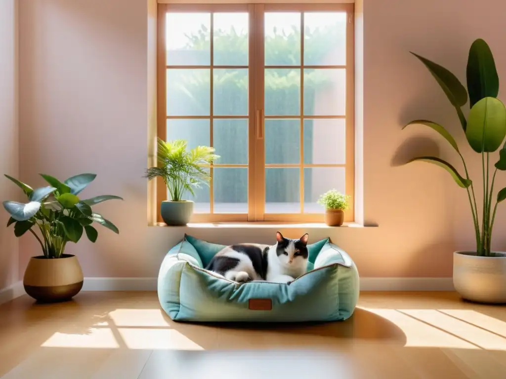 Espacio armonioso para mascotas Feng Shui: Habitación soleada con cama acogedora y detalles tranquilos