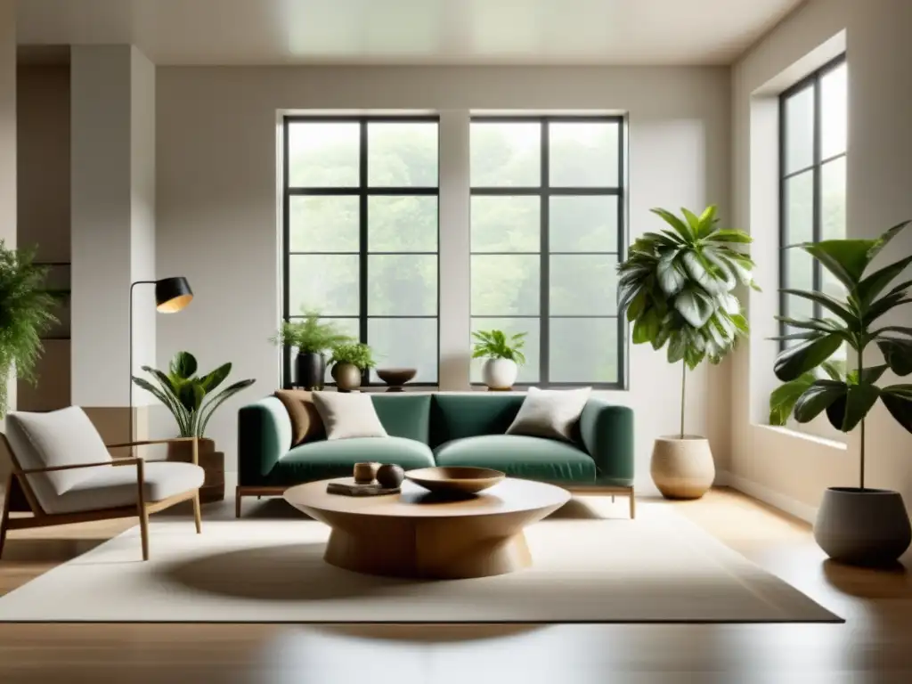 Espacio Feng Shui armonioso con muebles balanceados, luz natural y plantas, para técnicas de acupuntura del espacio