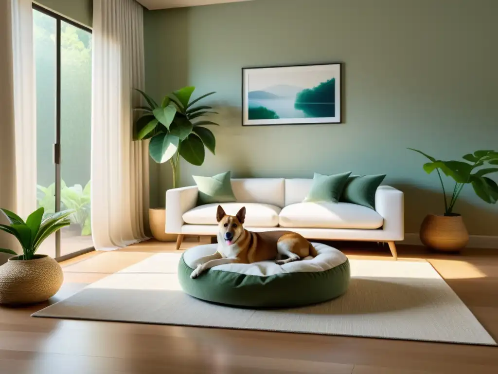 Espacio armonioso con ubicación zonas mascotas Feng Shui: cama acogedora rodeada de plantas, luz suave y serena fuente de agua