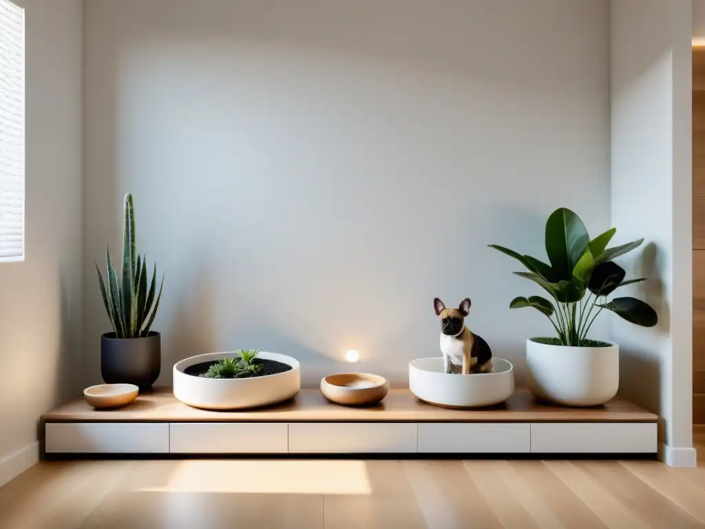 Espacio armonizado para comer mascotas con influencia del Feng Shui, estación de alimentación de madera natural, cuencos modernos y plantas