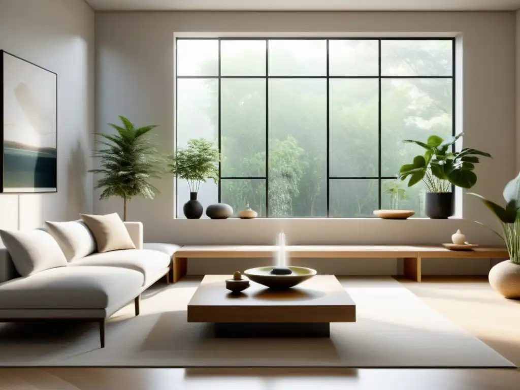 Serenidad y armonía: Sala minimalista con Feng Shui Espacio armonizado con Feng Shui: sala minimalista con tonos suaves, luz natural y equilibrio, transmitiendo tranquilidad y armonía