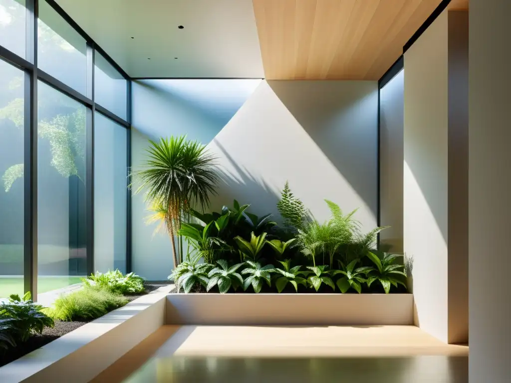 'Espacio arquitectónico sereno con principios de Geobiología para Arquitectura Consciente: plantas, luz natural y diseño equilibrado