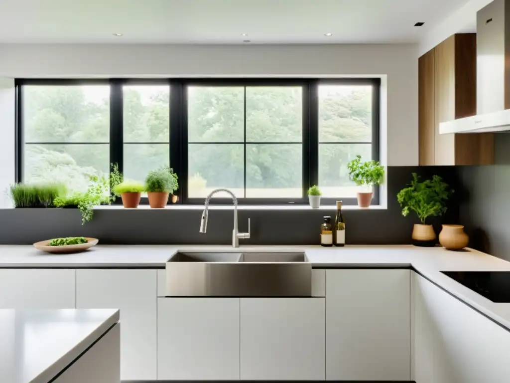 Espacio de arte culinario y energía Feng Shui con cocina minimalista, luz natural y plantas aromáticas en la ventana