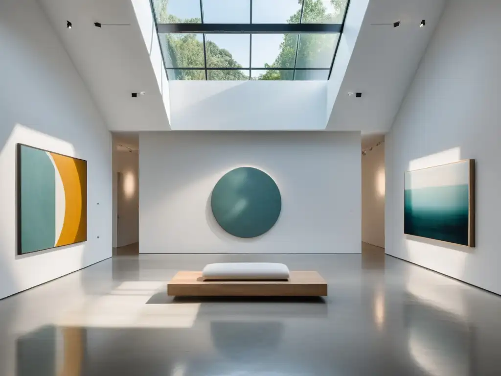 Espacio de galería de arte minimalista con influencia del Feng Shui en arte contemporáneo, armonía y tranquilidad