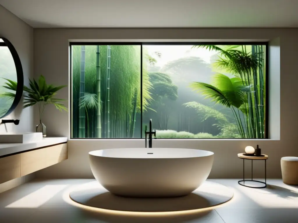 Espacio de baño minimalista con elementos y símbolos del Feng Shui para hogar, bañera exenta y ventana amplia con luz natural