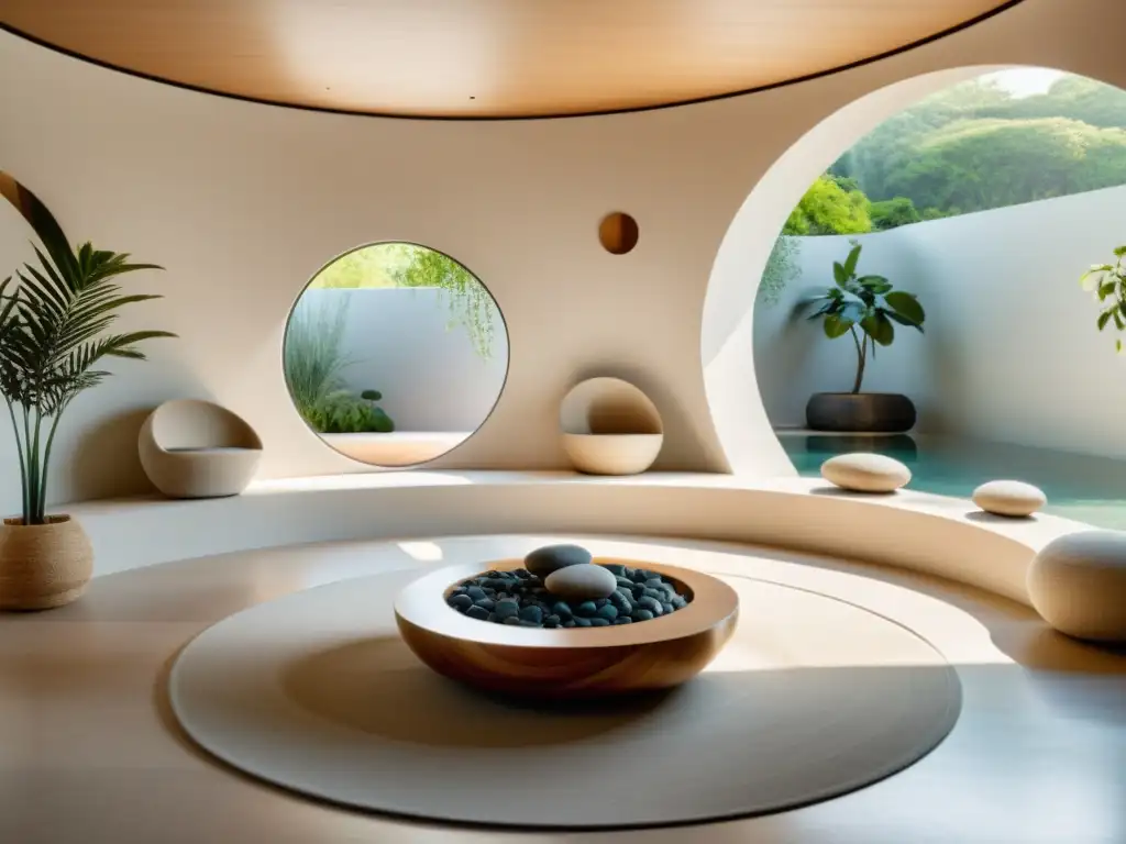 Un espacio de bienestar sereno y equilibrado con formas y figuras en Feng Shui