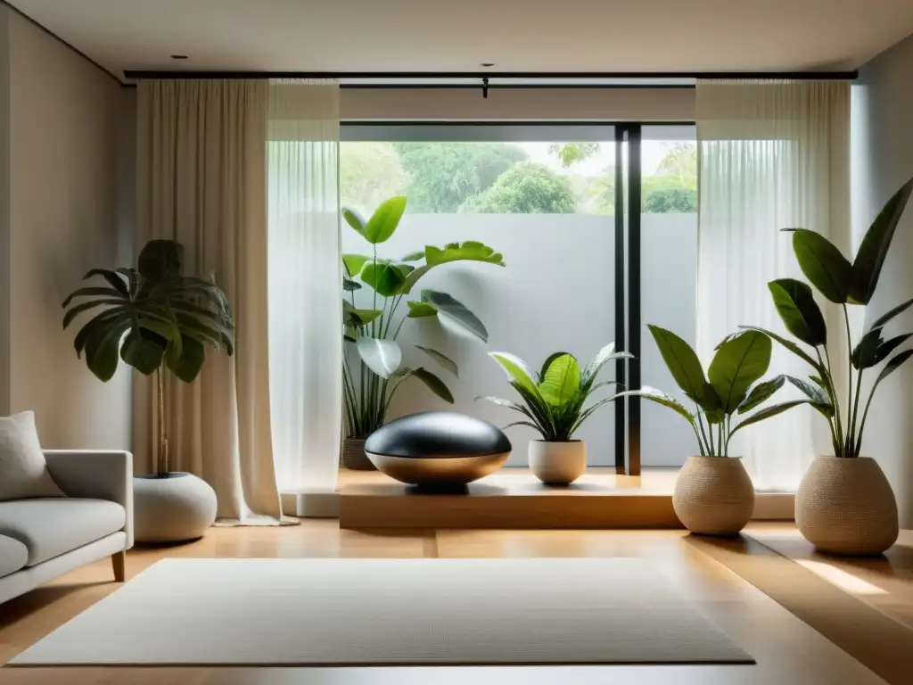 Un espacio de bienestar sereno y minimalista con armonización de espacios con música Feng Shui, iluminación suave y plantas estratégicamente colocadas