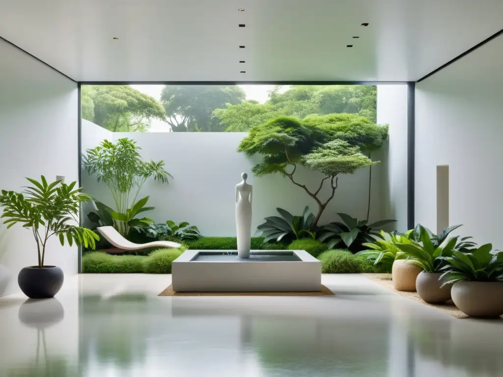 Espacio blanco y sereno con escultura de agua en Feng Shui, rodeada de plantas exuberantes y luz natural